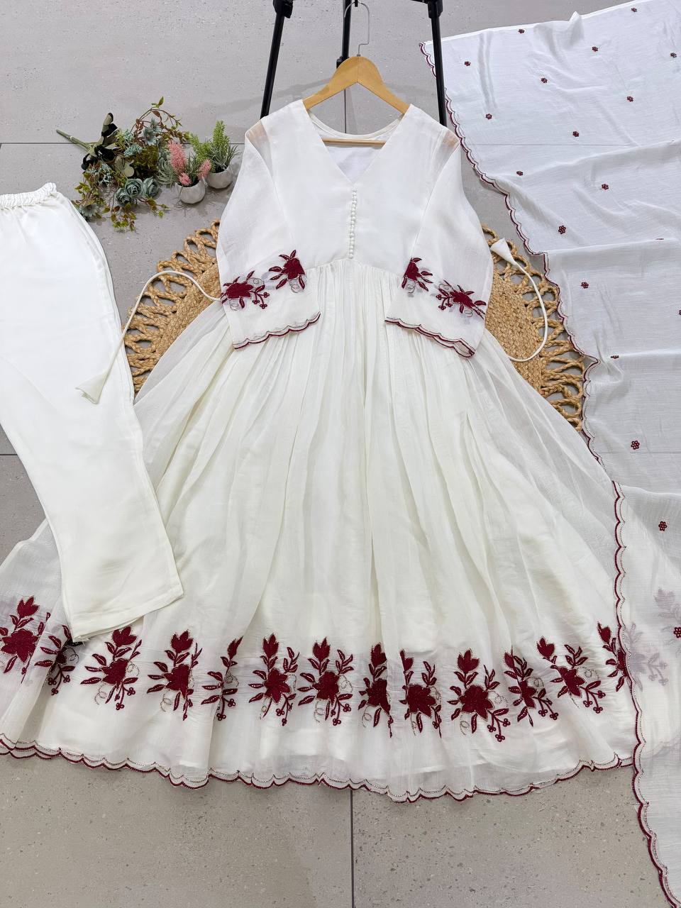 Crimson Petal Charm Flared Anarkali Three Piece Suit Set
