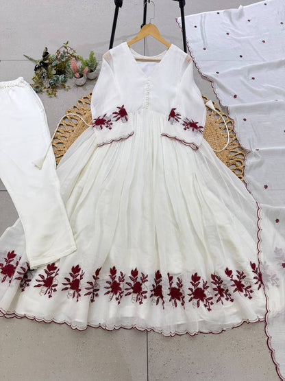 Crimson Petal Charm Flared Anarkali Three Piece Suit Set