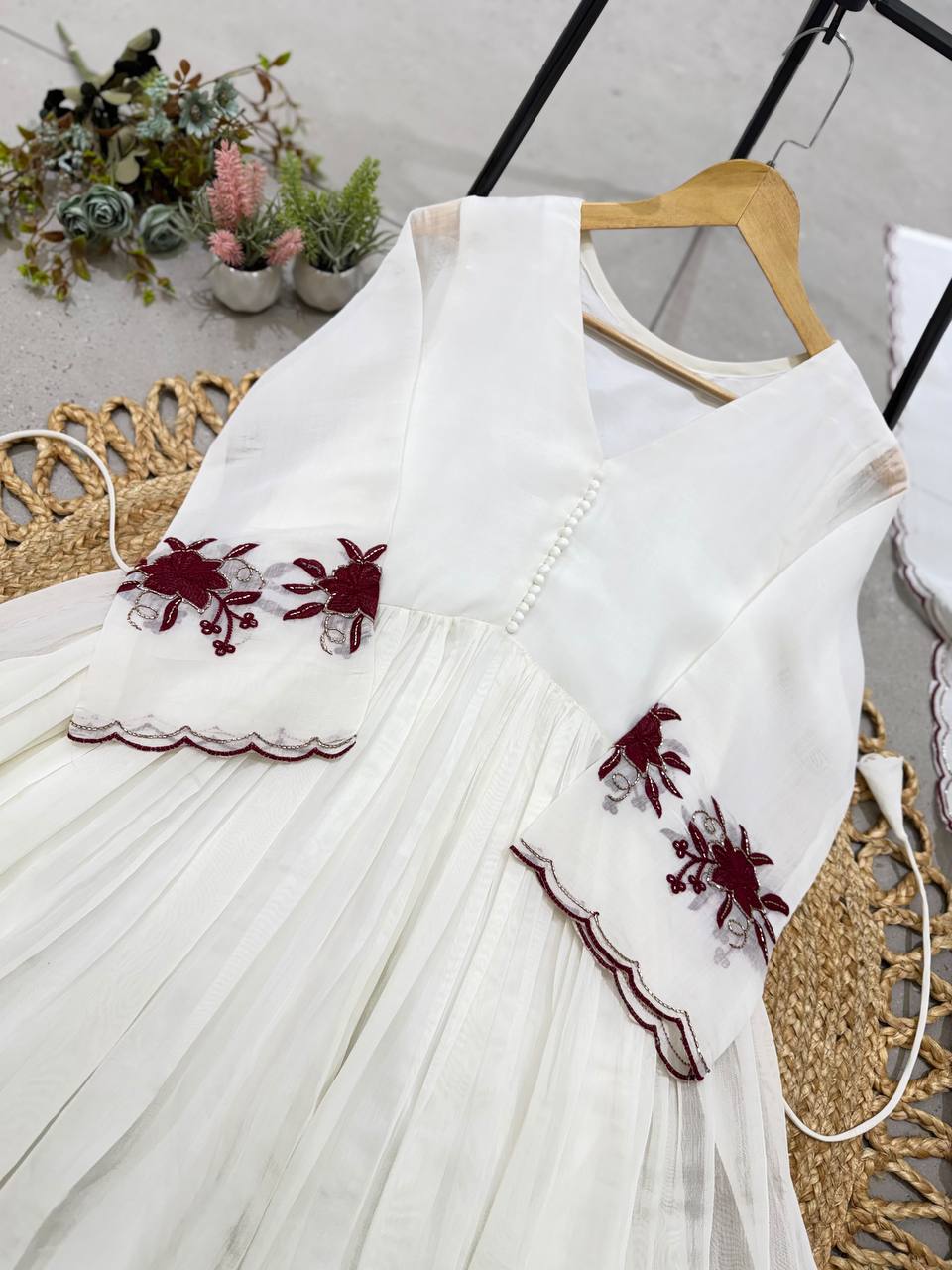 Crimson Petal Charm Flared Anarkali Three Piece Suit Set