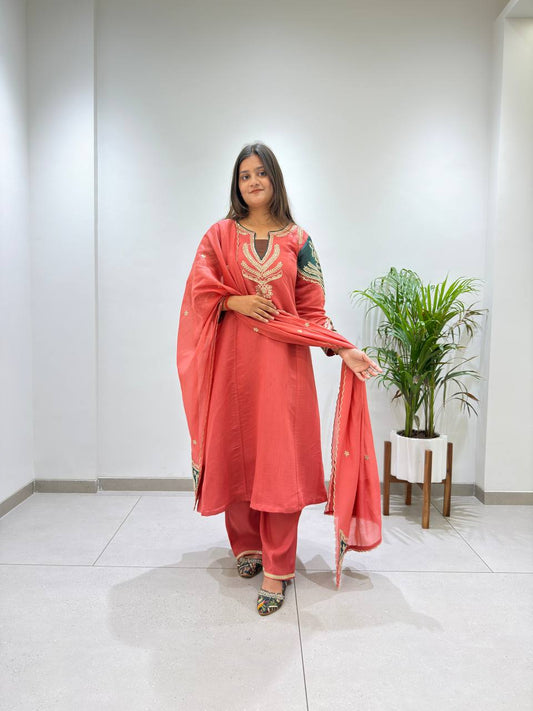 Coral Heritage Embroidered Kurta Pant Set