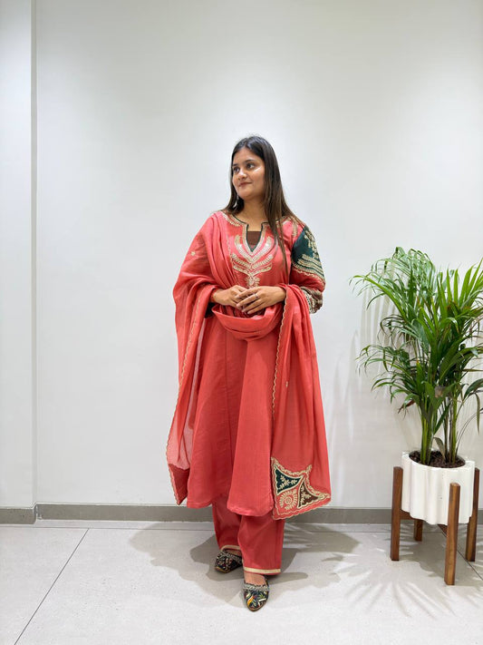 Coral Heritage Embroidered Kurta Pant Set