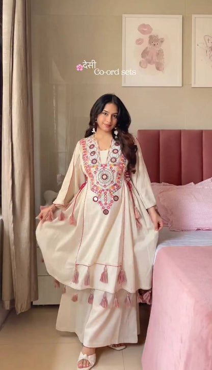 Pure Khadi Cotton Embroidered Co-Ord Set with Real Mirror Work & Tassels