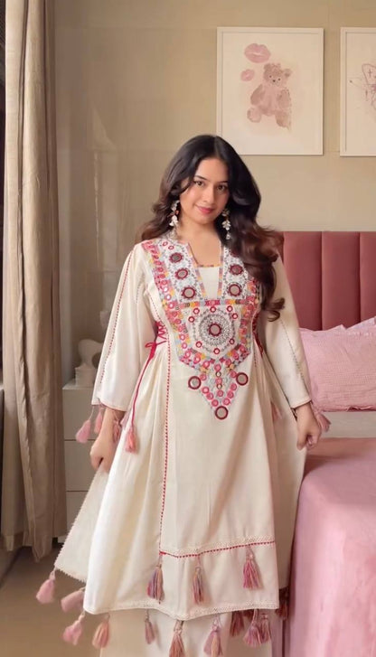 Pure Khadi Cotton Embroidered Co-Ord Set with Real Mirror Work & Tassels