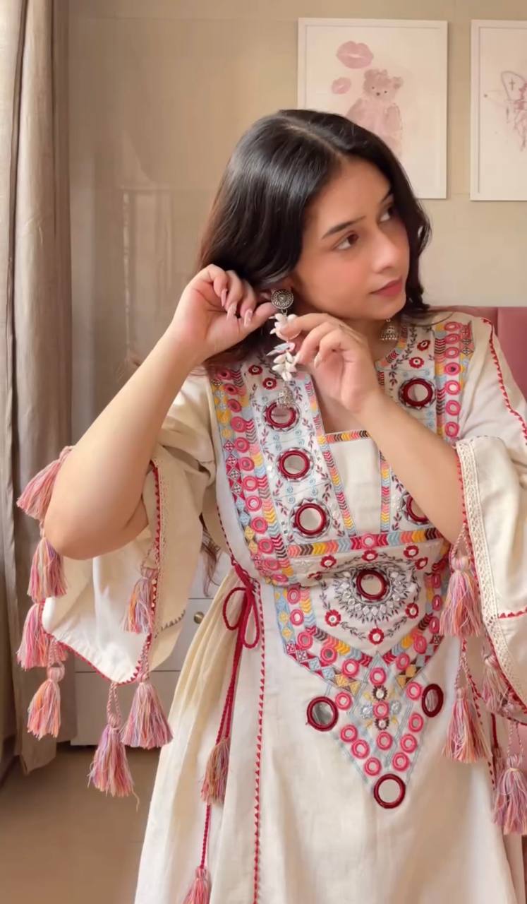 Pure Khadi Cotton Embroidered Co-Ord Set with Real Mirror Work & Tassels