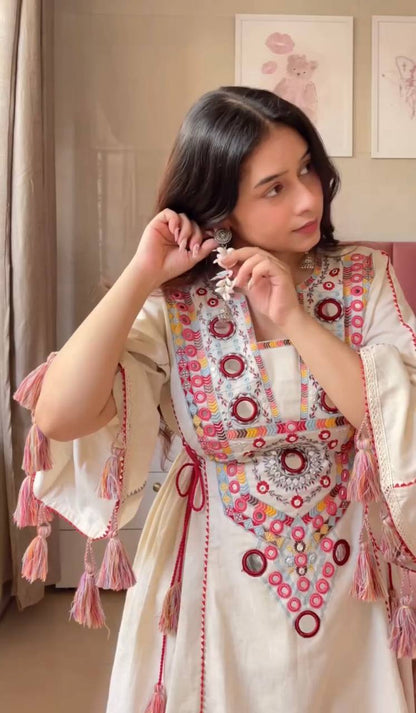 Pure Khadi Cotton Embroidered Co-Ord Set with Real Mirror Work & Tassels