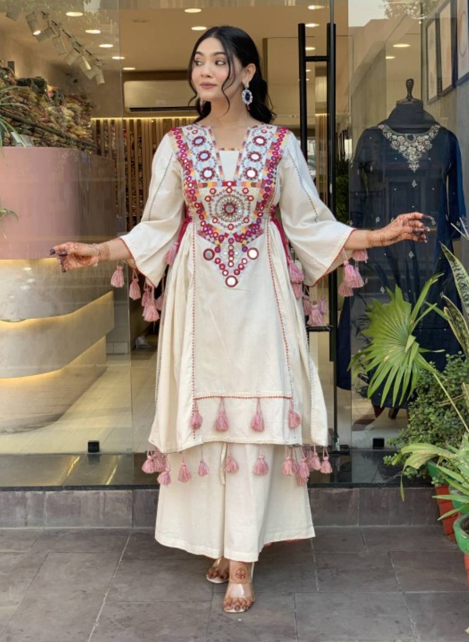 Pure Khadi Cotton Embroidered Co-Ord Set with Real Mirror Work & Tassels