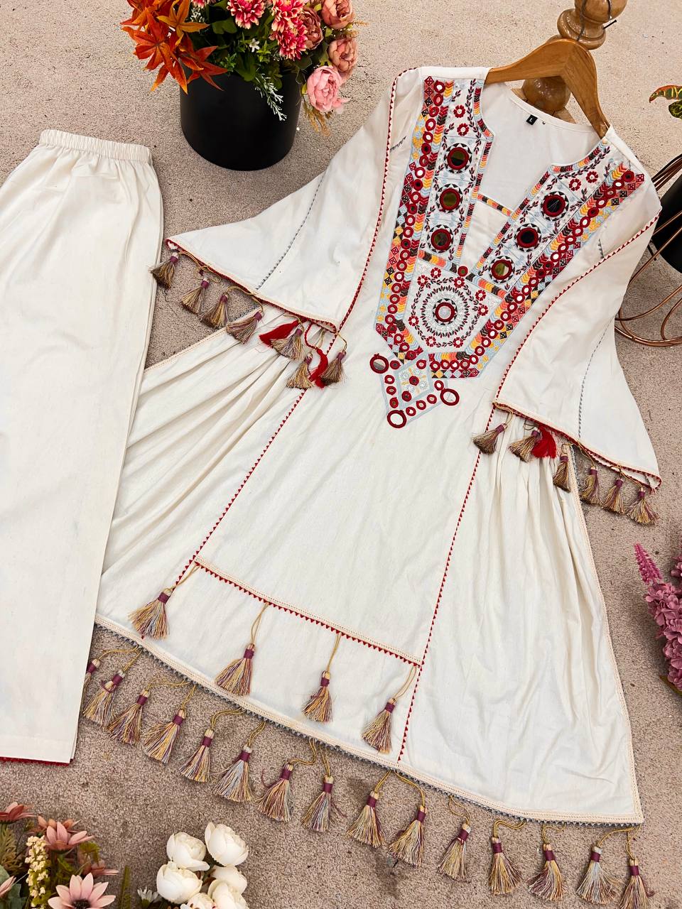 Pure Khadi Cotton Embroidered Co-Ord Set with Real Mirror Work & Tassels