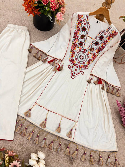 Pure Khadi Cotton Embroidered Co-Ord Set with Real Mirror Work & Tassels