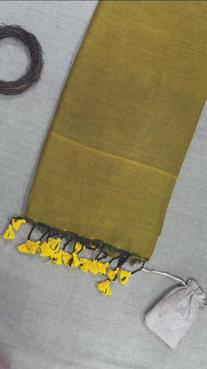 Yellow Pure Handloom Cotton Saree With Stitched Embroidery Blouse