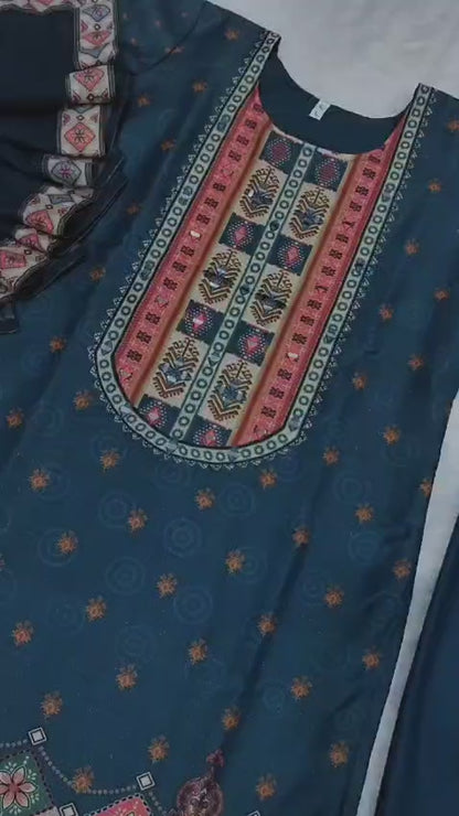 Royal Teal Shimmer Printed Suit Set with Fancy Mirror Work