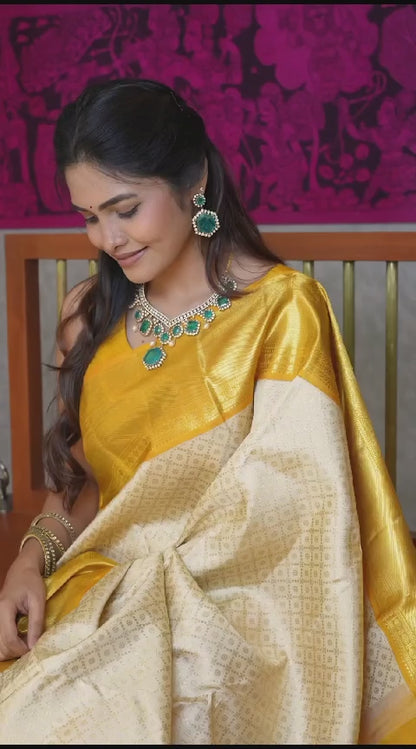 Beige Banarasi Silk Woven Design Saree With Gold Zari Weaving