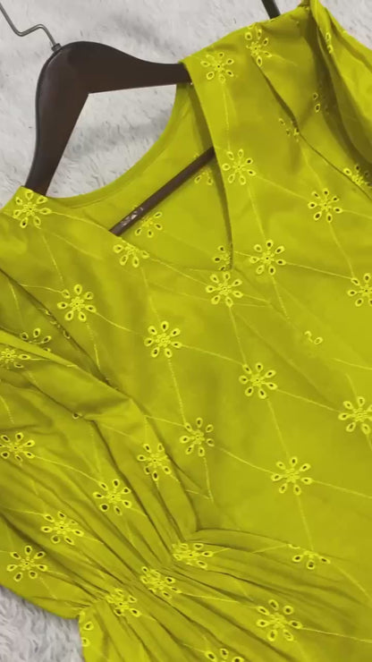 New Designer Lime Green Embroidered Cotton Co-ord Set