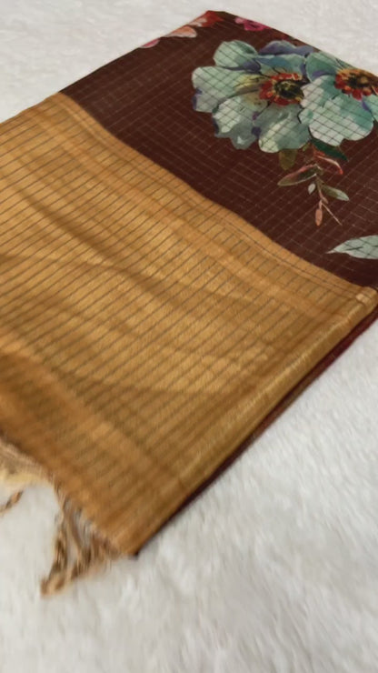 Mridula Coffee-Gold Floral Print Soft Tussar Silk Saree