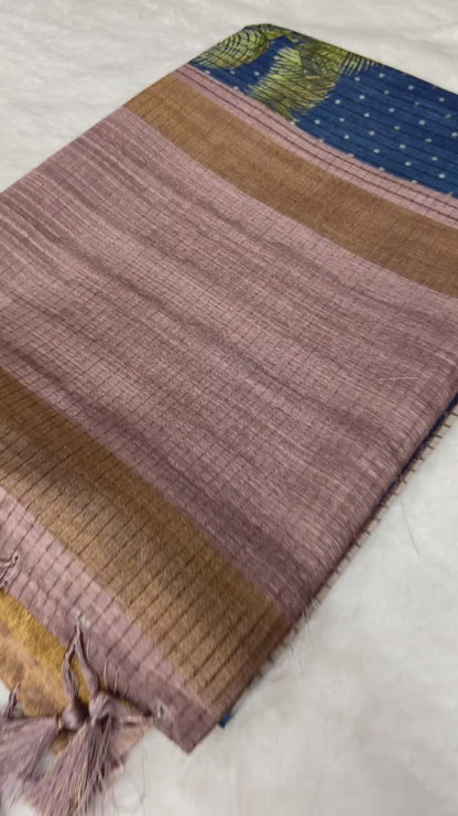 Avelina Royal Blue Botanical Print Tussar Silk Saree