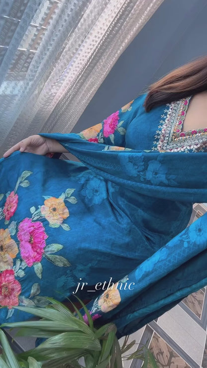 Premium Blue Floral Suit Set with Heavy Fancy Hand Work