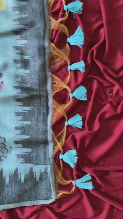 Very Attractive Slate Blue Floral Woven Soft Muga Cotton Saree