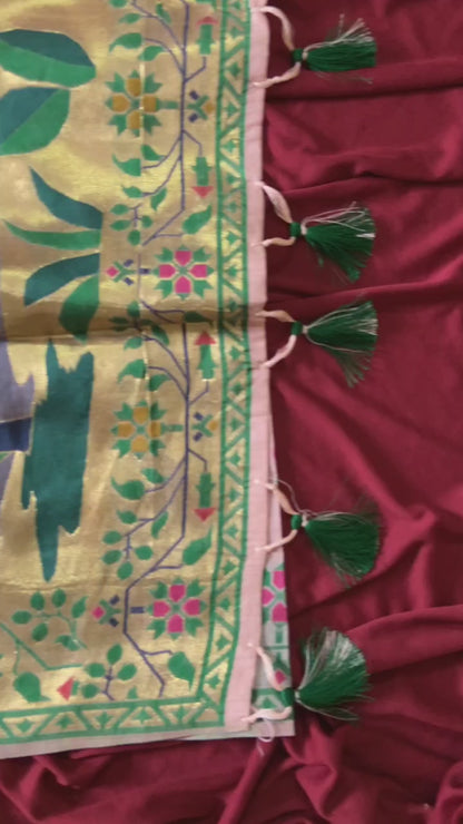 Festive Muga Cotton Paithani Saree with Woven Deer Motif