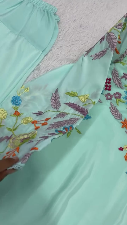 Elegant Modern Ice Blue Embroidered Crape Silk Suit Set with Organza Dupatta