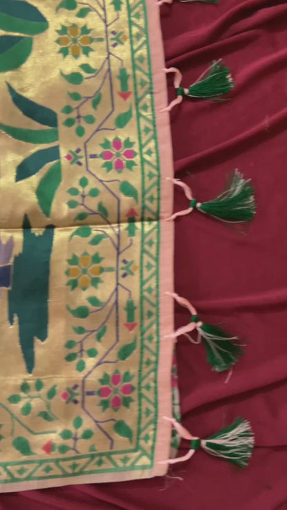 Elegant Muga Cotton Paithani Saree with Woven Deer Motif
