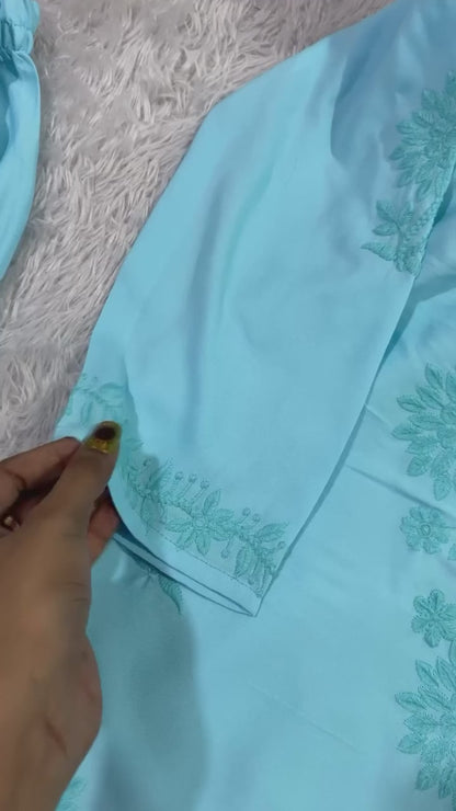 Elegant Sky Blue Rayon Embroidered Salwar Suit with Palazzo Pants
