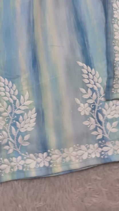 Beautiful Ocean Blue Striped Rayon Embroidery Chikankari Suit Set