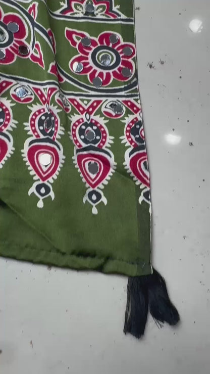 Trendy Green Ajrakh Hand-Block Printed Gajji Silk Saree With Mirror Work