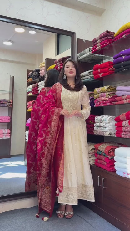 MOST ATTRACTIVE BANANA SILK ANARKALI STYLE SUIT SET