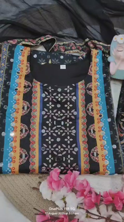 Royal Black Heavy Muslin Digital Printed Suit Set with Delicate Lace Work