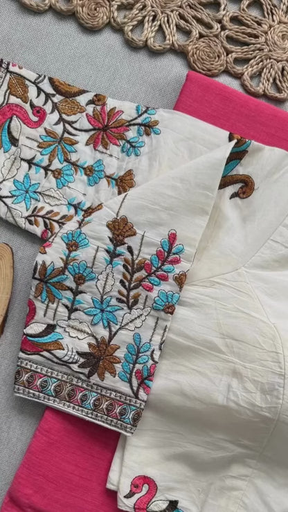 Attractive - Green Handloom Cotton Saree With Havy Embroidery Work Stitched Blouse