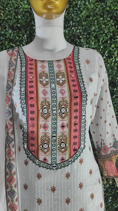 Elegant White Printed Muslin Suit Set with Sequin Embroidery Work