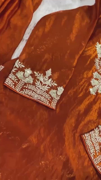Very Attractive Orange Fandy Silk Embroidered Suit Set with Dupatta