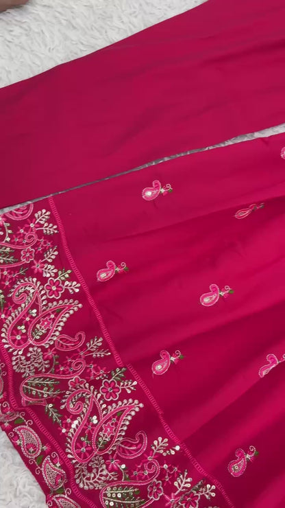 Premium Rani Pink Roman Silk Festive Angrakha Suit Set with Dupatta