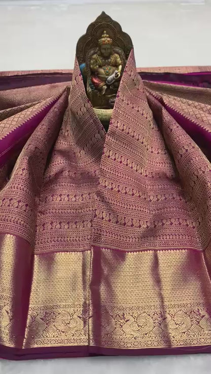 Traditional Wine Soft Banarasi Silk Saree with Pure Gold Zari Bird Motif Border