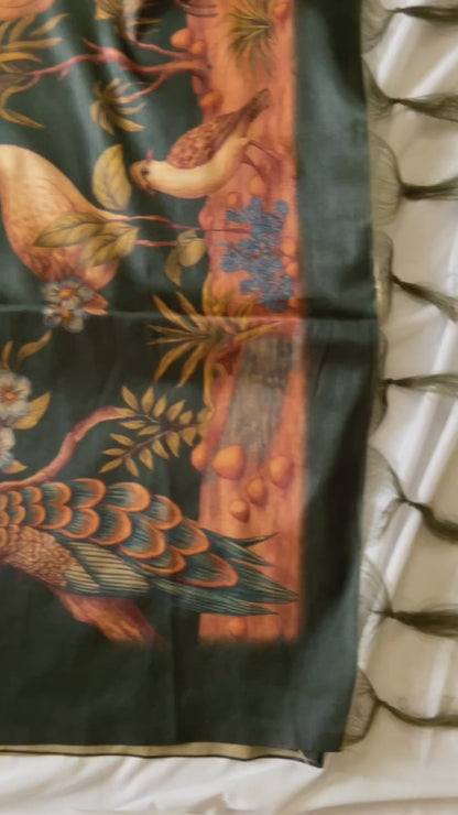 Traditional Bottle Green Crane Print Soft Tussar Silk Saree