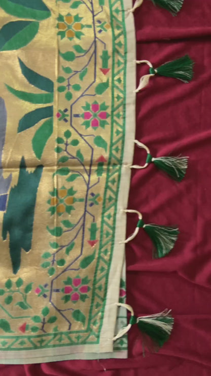 New Designer Muga Cotton Paithani Saree with Woven Deer Motif