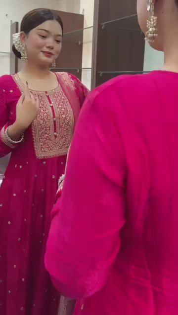 MOST PLEASING BANANA SILK ANARKALI STYLE SUIT SET