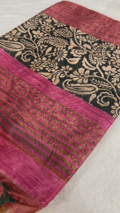 Royal Teal Soft Tussar Silk Saree with Kalamkari Block Prints