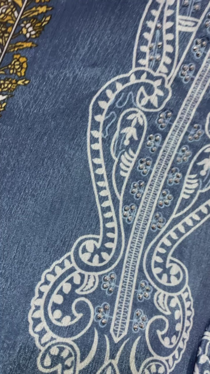 Elegant Blue Printed Chinon Anarkali Suit Set With Diamond Work