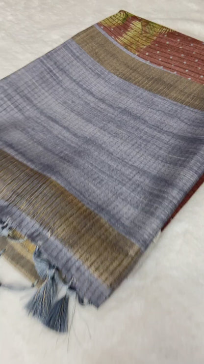 Ishvika Cocoa Brown Botanical Print Tussar Silk Saree