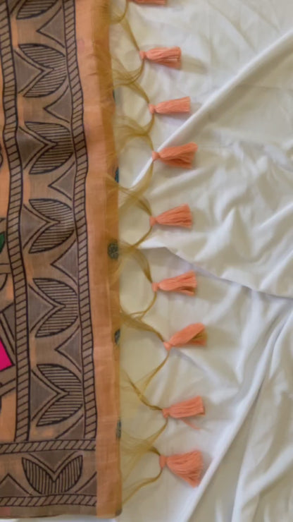 Traditional Madhubani Peach Coral Soft Muga Cotton Resham Weaving Saree