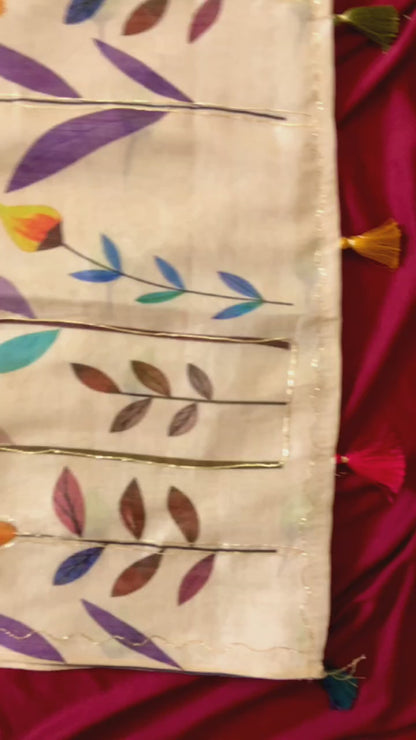 Festive Beige Blue Floral Handcrafted Aari Work Tissue Silk Saree