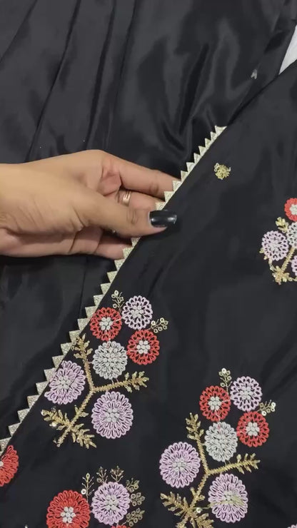 Elegant Black Crape Silk Embroidered Sharara Suit Set with Organza Dupatta