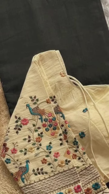 Yellow Handloom Cotton Saree With Havy Embroidery Stitched Blouse