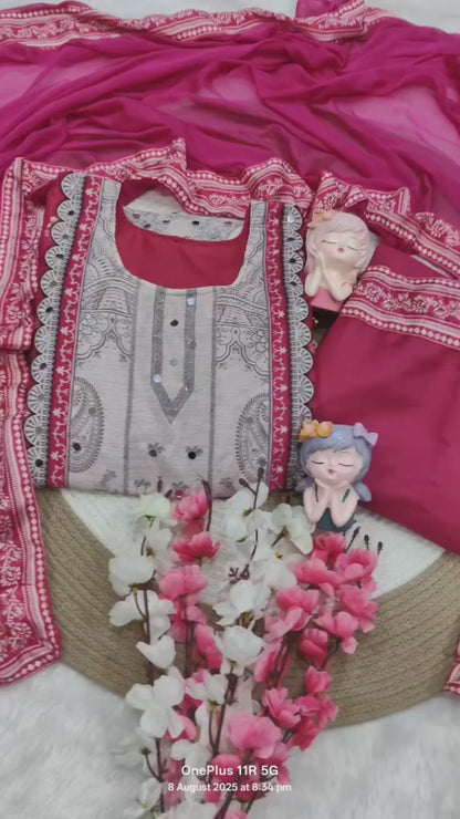 Attractive Rani Pink Chinon Silk A-Line Suit Set with Real Mirror Hand Work