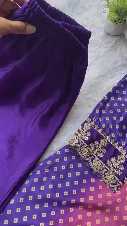 Elegant Dual-Tone Violet Magenta Chinon Silk Embroidery Suit Set