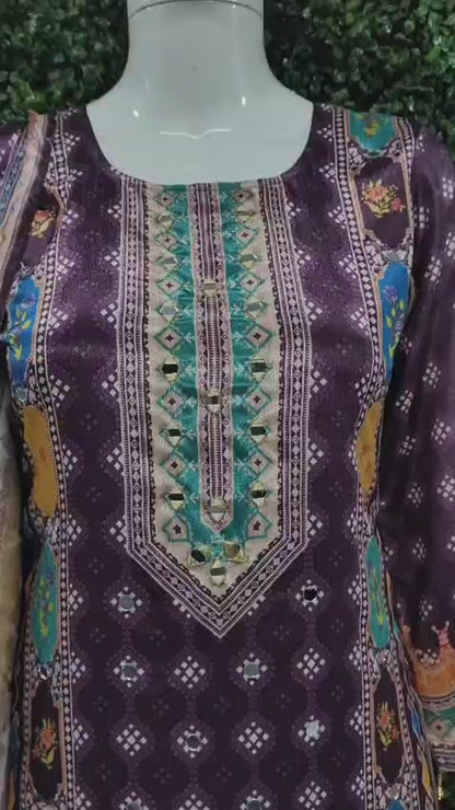 Premium Violet Printed Chinon Suit Set with Fancy Mirror Work