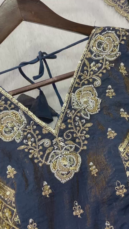 Deep Indigo Embroidered Vichitra Silk Anarkali Suit Set with Dupatta