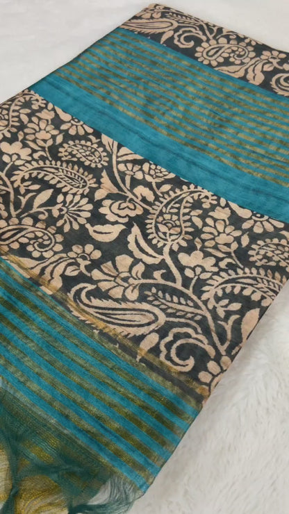 Elegant Tarang Brown Soft Tussar Silk Saree with Kalamkari Block Prints