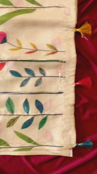 Elegant Beige Floral Handcrafted Aari Work Tissue Silk Saree