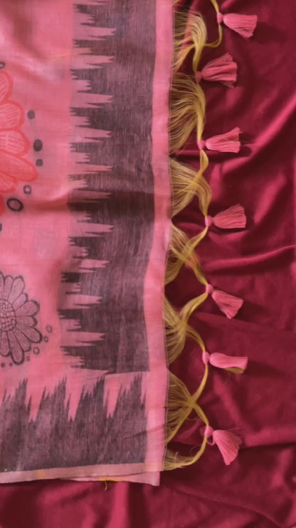 Inaya Blush Pink Floral Woven Soft Muga Cotton Saree